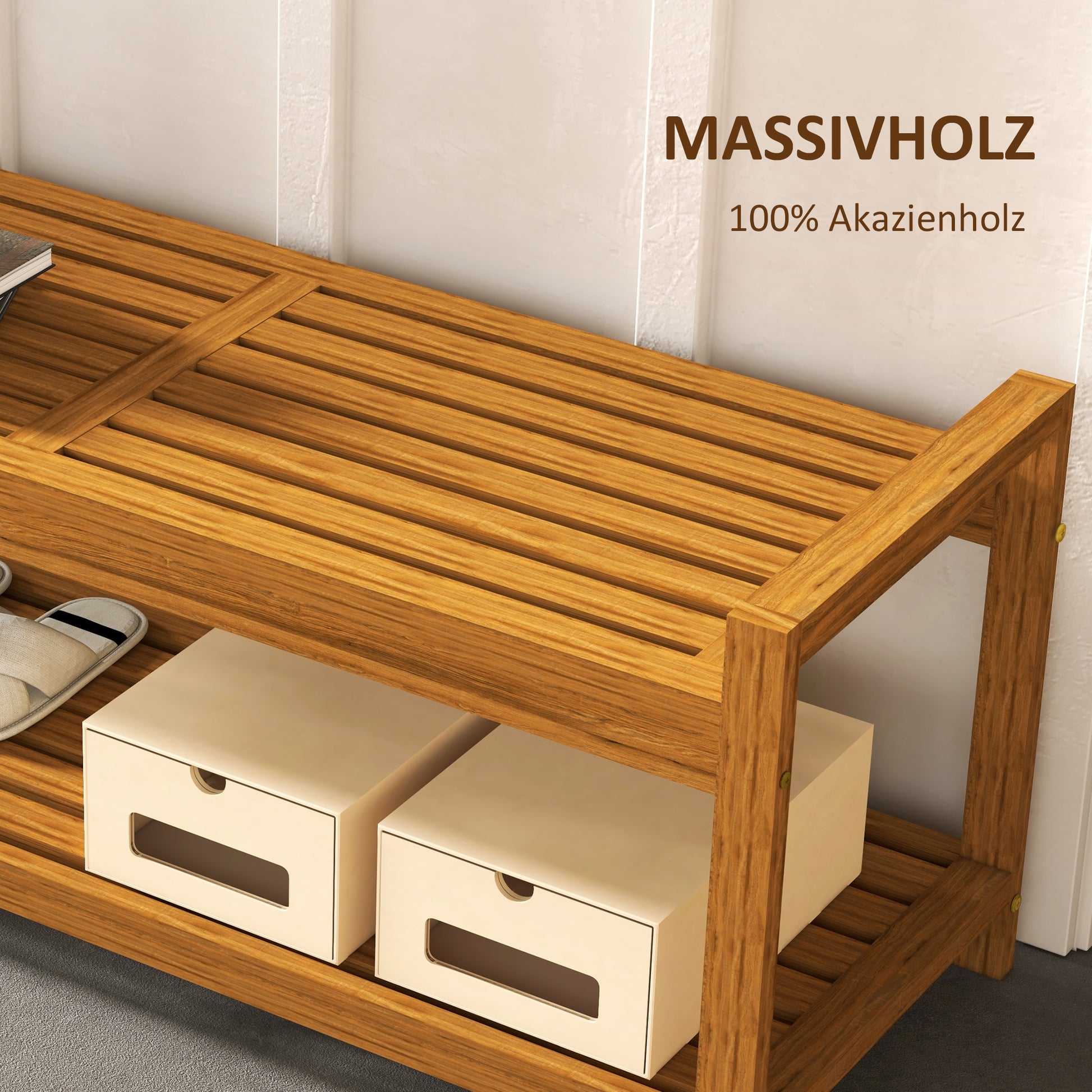 Shoe Bench with Armrests, Outdoor Seating, Wooden Bench with Shoe Shelf for 2 Persons, for Indoor & Outdoor, up to 250 kg Load Capacity, 118 x 40.5 x 46 cm, Teak