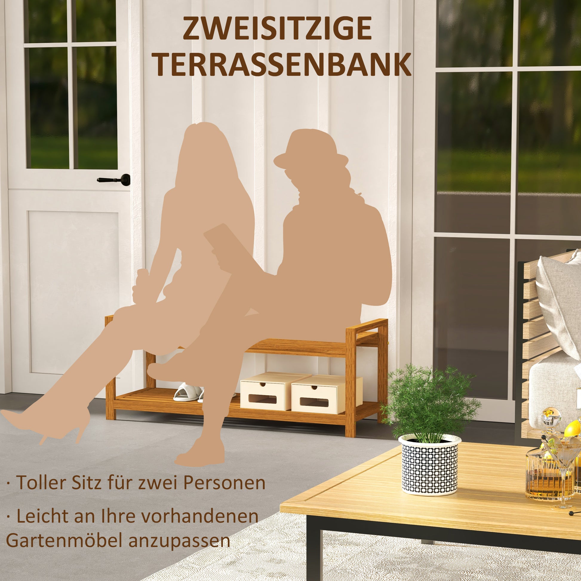 Shoe Bench with Armrests, Outdoor Seating, Wooden Bench with Shoe Shelf for 2 Persons, for Indoor & Outdoor, up to 250 kg Load Capacity, 118 x 40.5 x 46 cm, Teak