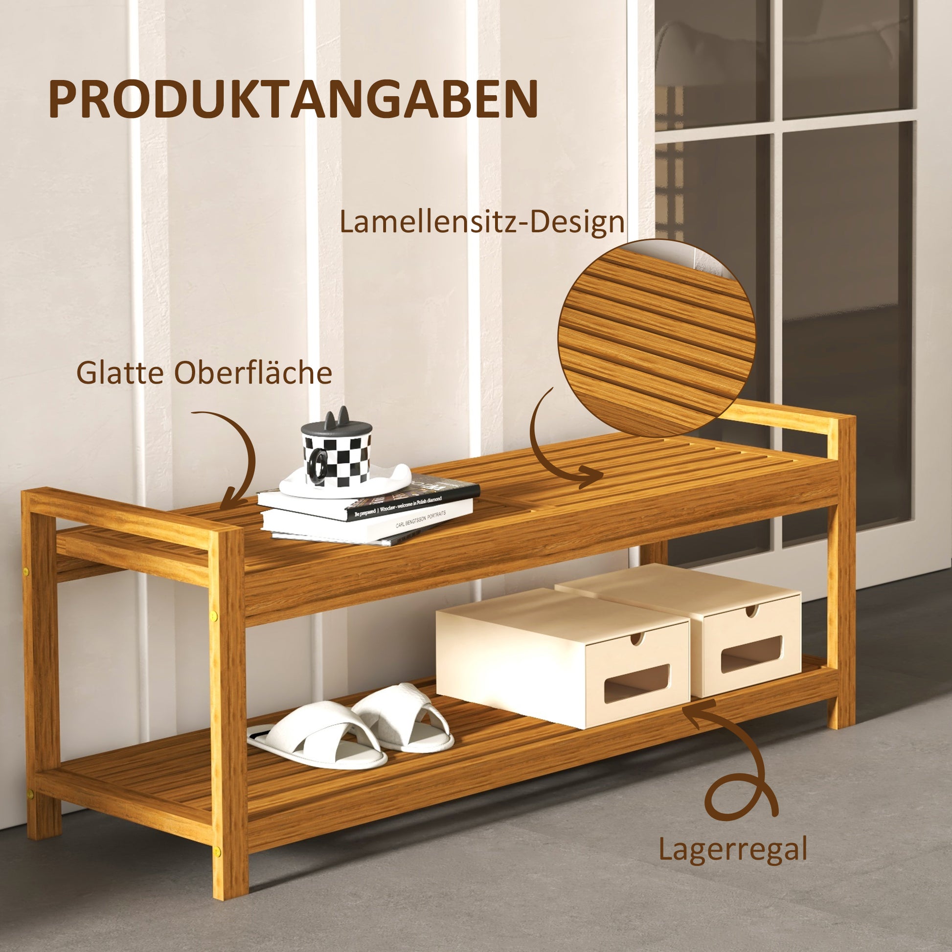 Shoe Bench with Armrests, Outdoor Seating, Wooden Bench with Shoe Shelf for 2 Persons, for Indoor & Outdoor, up to 250 kg Load Capacity, 118 x 40.5 x 46 cm, Teak