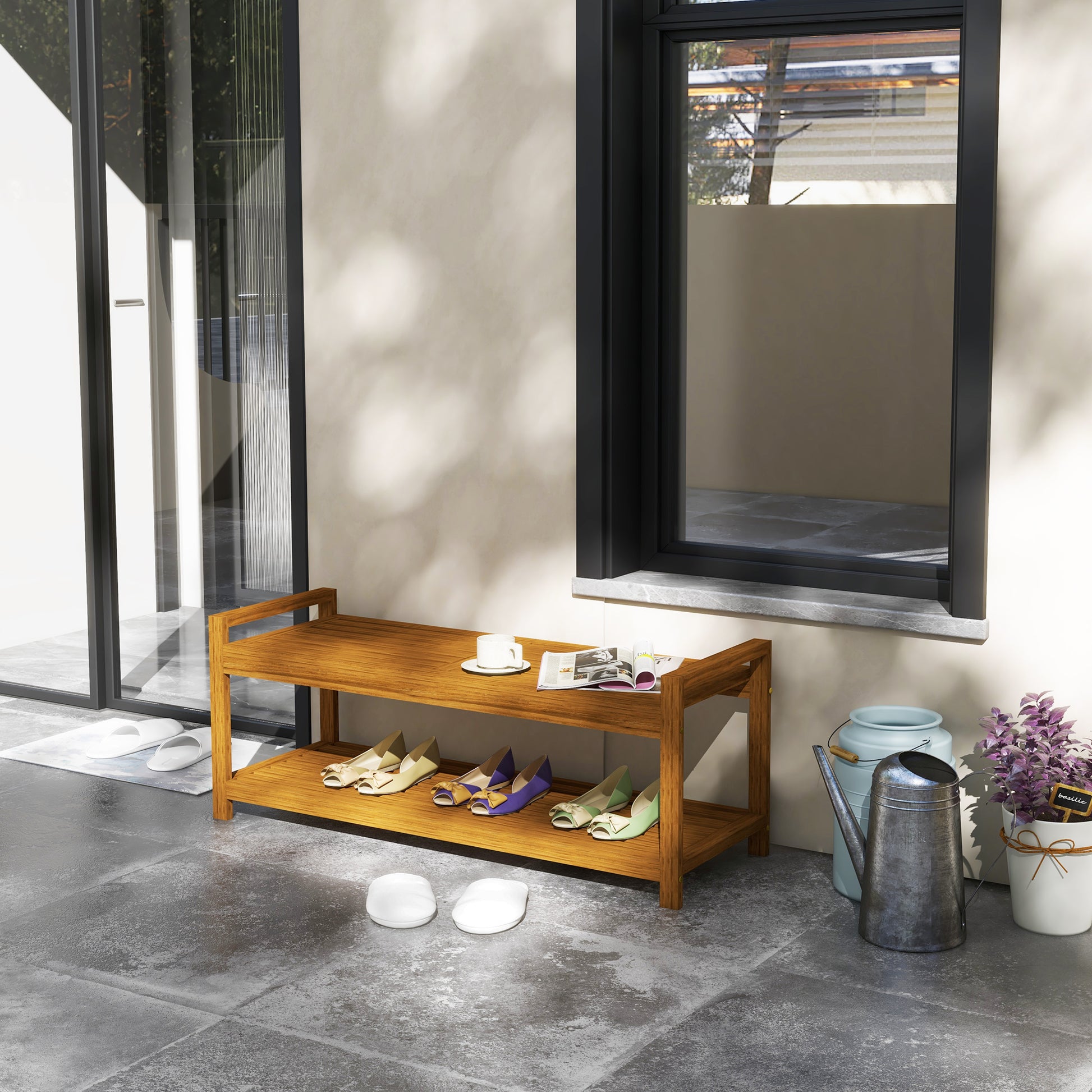 Shoe Bench with Armrests, Outdoor Seating, Wooden Bench with Shoe Shelf for 2 Persons, for Indoor & Outdoor, up to 250 kg Load Capacity, 118 x 40.5 x 46 cm, Teak