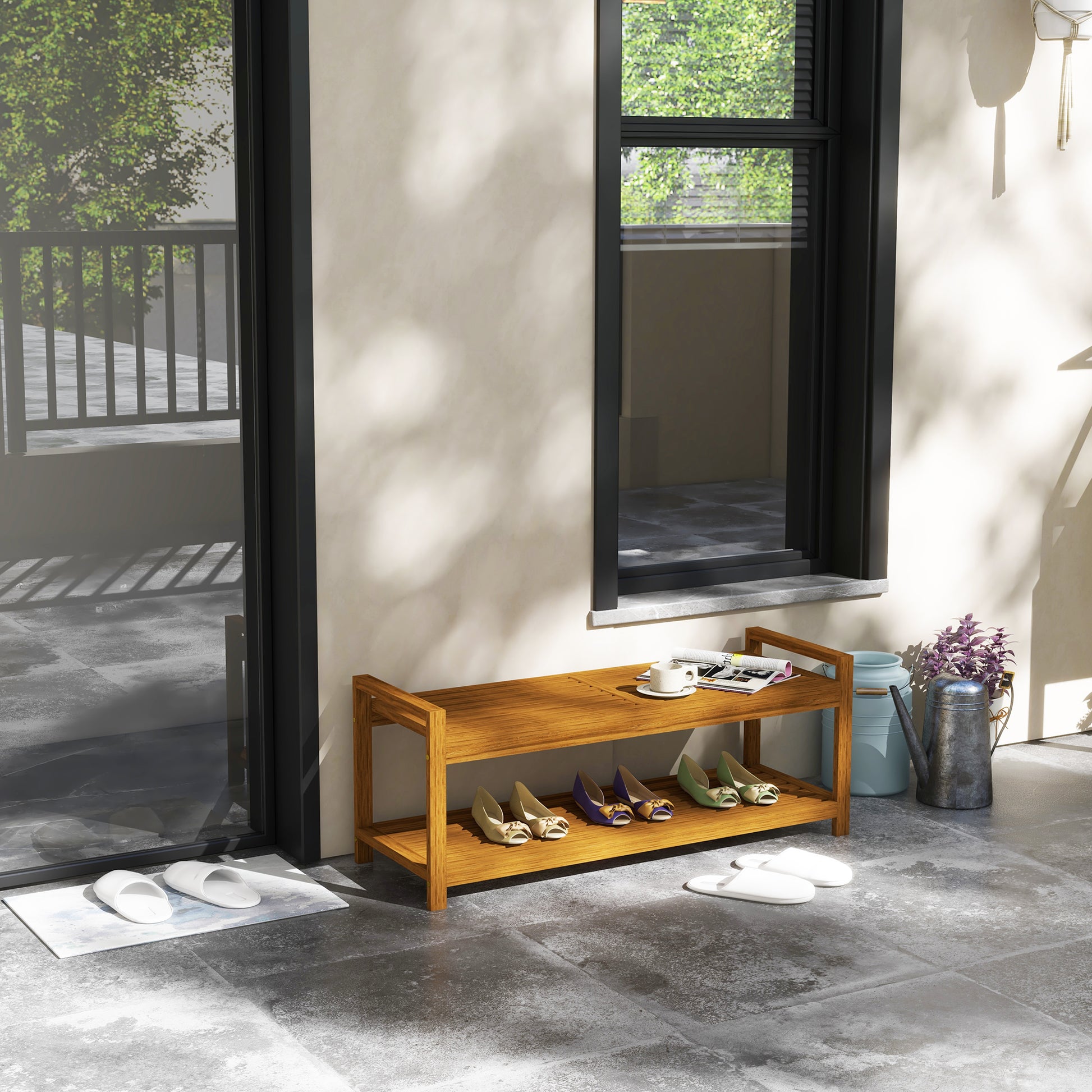 Shoe Bench with Armrests, Outdoor Seating, Wooden Bench with Shoe Shelf for 2 Persons, for Indoor & Outdoor, up to 250 kg Load Capacity, 118 x 40.5 x 46 cm, Teak