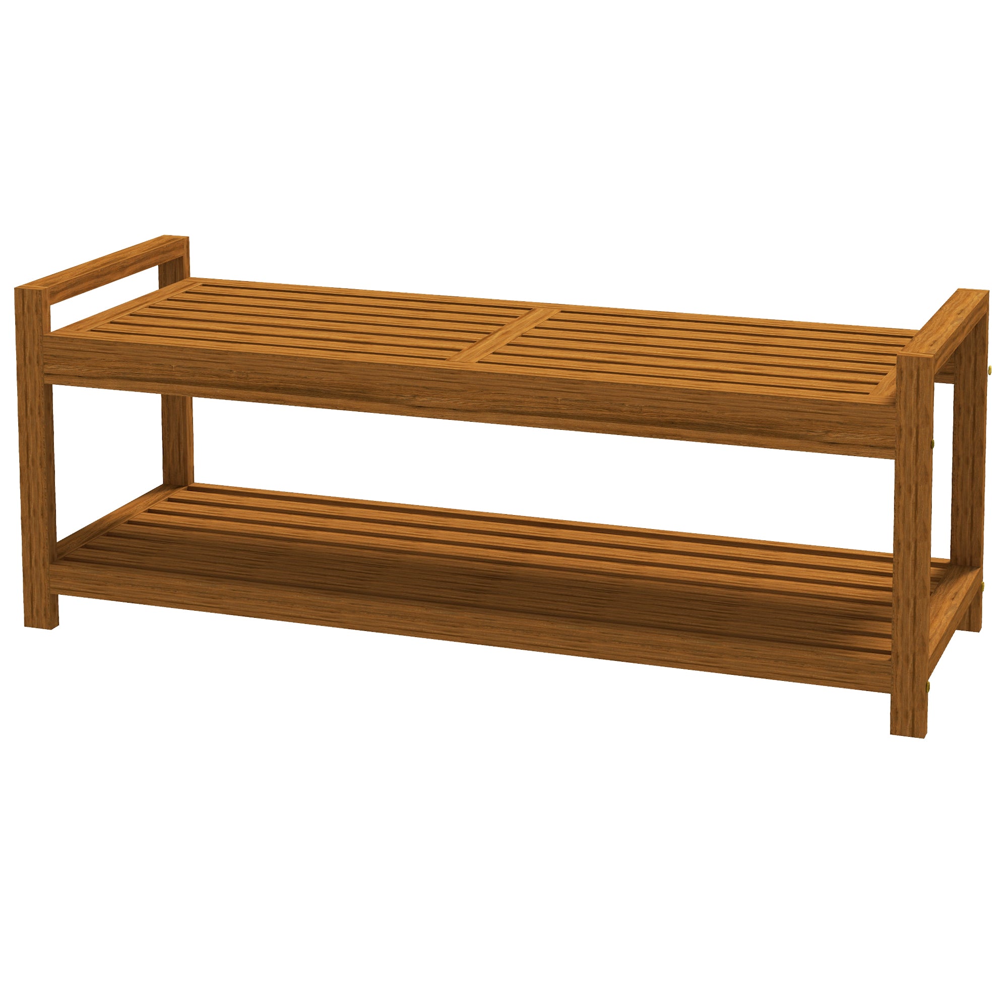 Shoe Bench with Armrests, Outdoor Seating, Wooden Bench with Shoe Shelf for 2 Persons, for Indoor & Outdoor, up to 250 kg Load Capacity, 118 x 40.5 x 46 cm, Teak