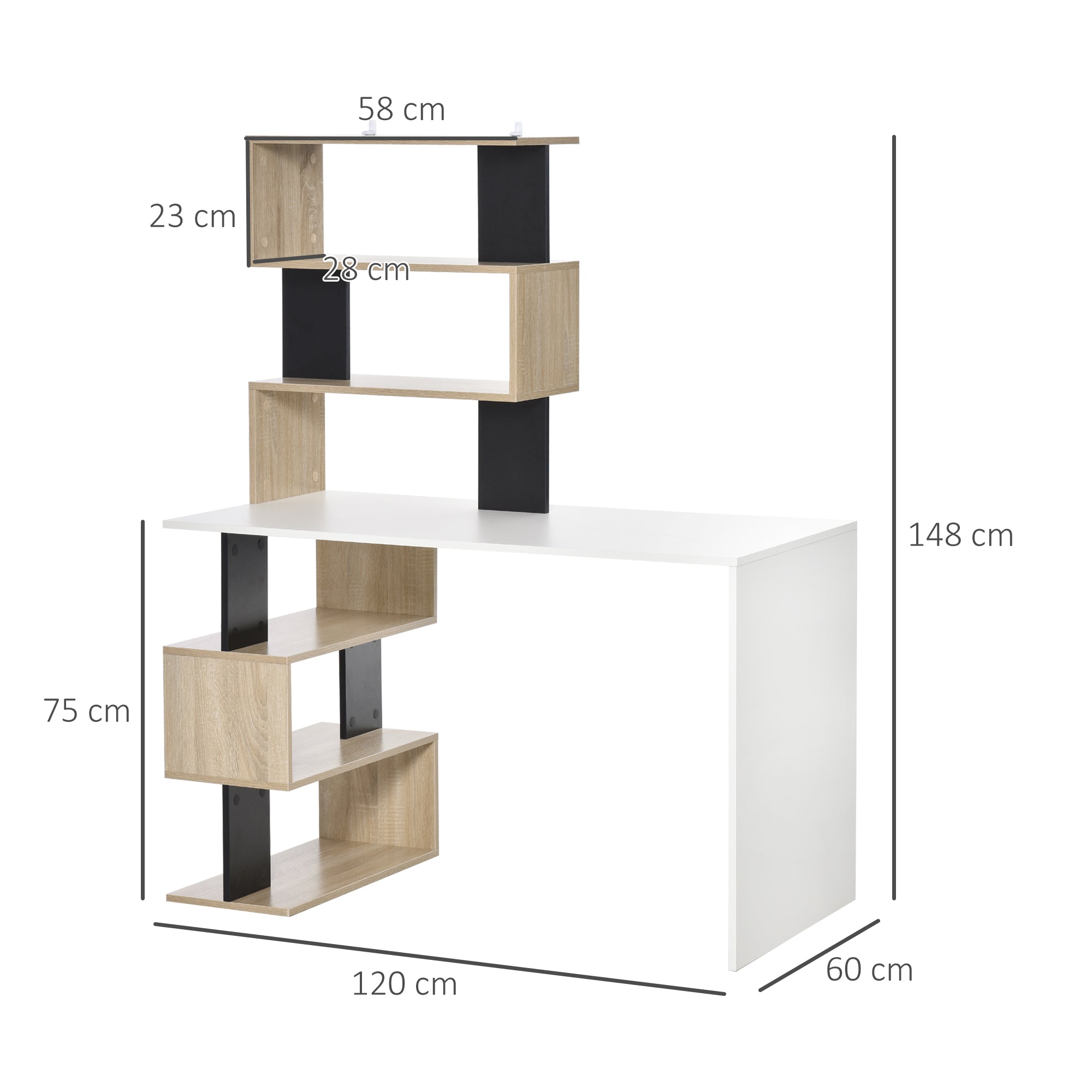 Desk with Bookcase for Bedroom, Office Desk, PC Desk in Multicolor Wood, 120x60x148cm