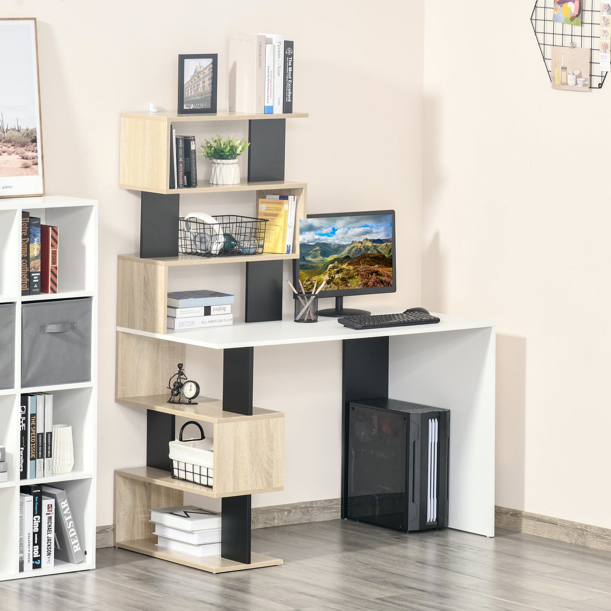 Desk with Bookcase for Bedroom, Office Desk, PC Desk in Multicolor Wood, 120x60x148cm