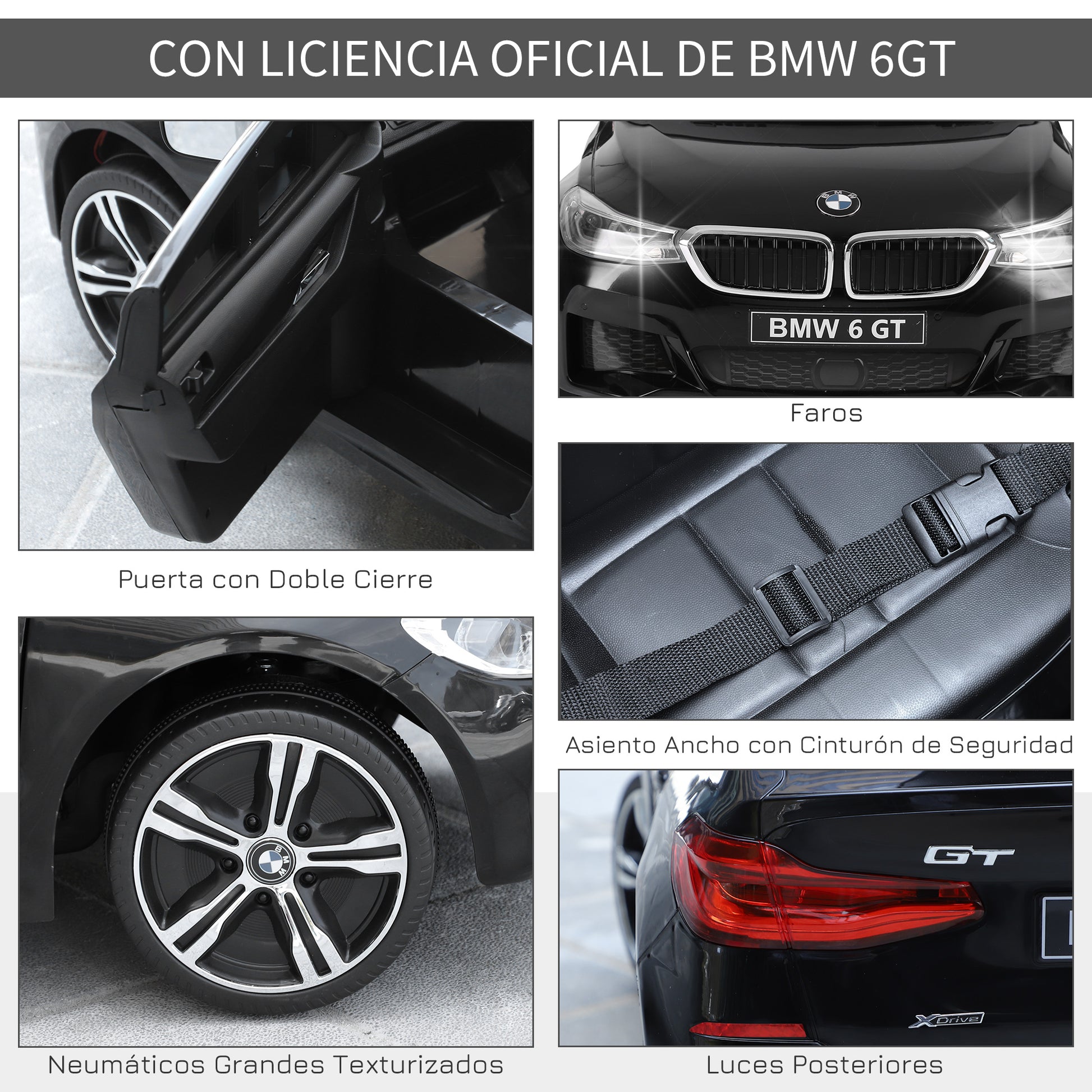 Electric Car BMW 6GT for Kids +3 Years Children's 6V Battery Vehicle with Remote Control Lights and Sounds MP3 USB Load 30 kg 106x64x51 cm Black
