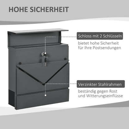 Wall Mounted Mailbox with Lock, Lid, Post Box Made of Galvanized Steel, for Outdoor, 37 x 10.5 x 37 cm, Dark Grey