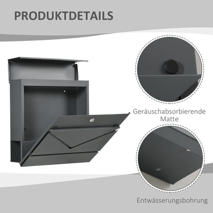 Wall Mounted Mailbox with Lock, Lid, Post Box Made of Galvanized Steel, for Outdoor, 37 x 10.5 x 37 cm, Dark Grey