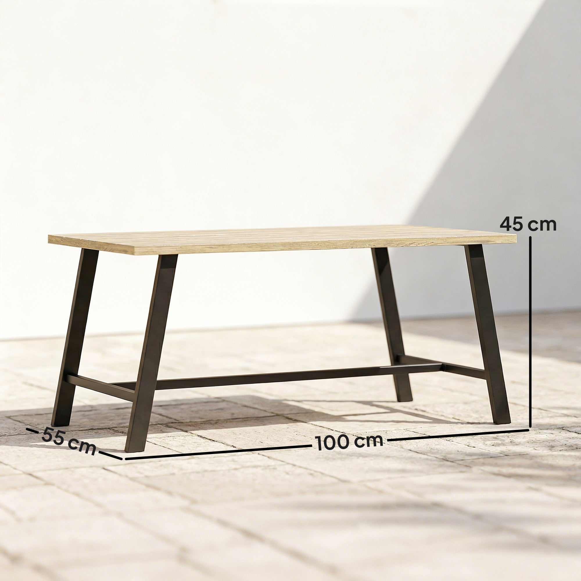 Outdoor Coffee Table, Rectangular Metal Side Table with Wood-Look Top, for Indoor/Outdoor, Garden, Balcony, 100 x 55 cm, Brown
