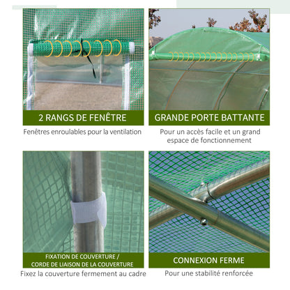 9 sqm Garden Greenhouse, 3 x 3 x 2 m Garden Tunnel Greenhouse with Roll-Up Door and 6 Mesh Windows, Steel and High-Density PE, UV-Resistant, Green