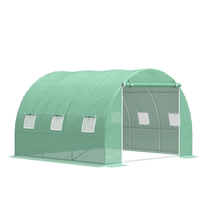 9 sqm Garden Greenhouse, 3 x 3 x 2 m Garden Tunnel Greenhouse with Roll-Up Door and 6 Mesh Windows, Steel and High-Density PE, UV-Resistant, Green