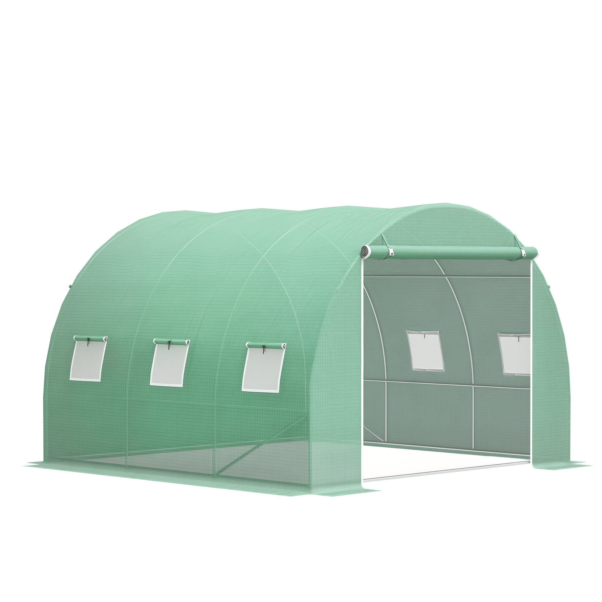 9 sqm Garden Greenhouse, 3 x 3 x 2 m Garden Tunnel Greenhouse with Roll-Up Door and 6 Mesh Windows, Steel and High-Density PE, UV-Resistant, Green