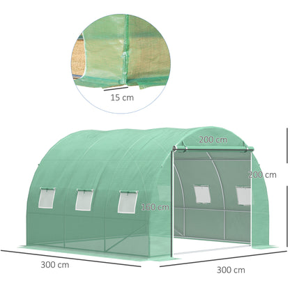 9 sqm Garden Greenhouse, 3 x 3 x 2 m Garden Tunnel Greenhouse with Roll-Up Door and 6 Mesh Windows, Steel and High-Density PE, UV-Resistant, Green
