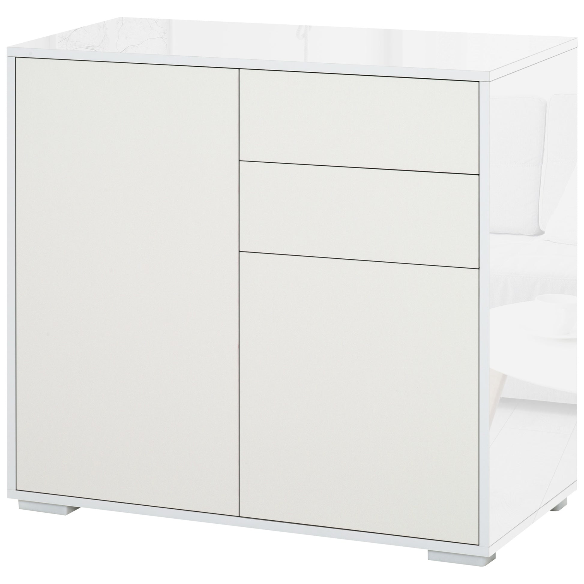 Kitchen Sideboard with 2 Doors 2 Drawers Glossy White Frame Adjustable Shelf Push-to-Open Storage Cabinet for Bedroom Living Room 79x36x74 cm White