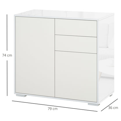 Kitchen Sideboard with 2 Doors 2 Drawers Glossy White Frame Adjustable Shelf Push-to-Open Storage Cabinet for Bedroom Living Room 79x36x74 cm White