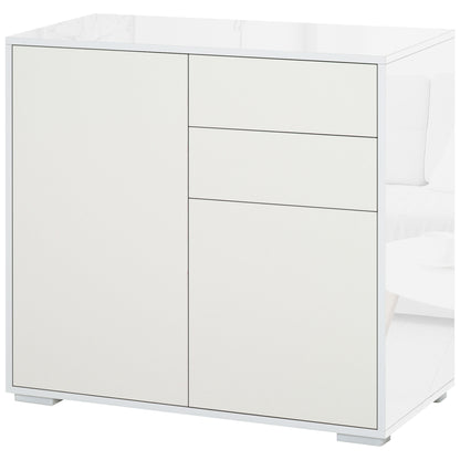 Kitchen Sideboard with 2 Doors 2 Drawers Glossy White Frame Adjustable Shelf Push-to-Open Storage Cabinet for Bedroom Living Room 79x36x74 cm White