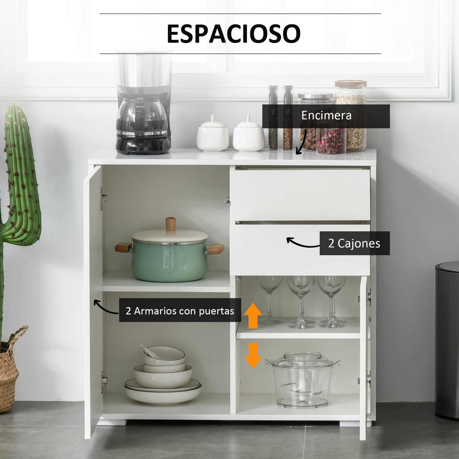 Kitchen Sideboard with 2 Doors 2 Drawers Glossy White Frame Adjustable Shelf Push-to-Open Storage Cabinet for Bedroom Living Room 79x36x74 cm White