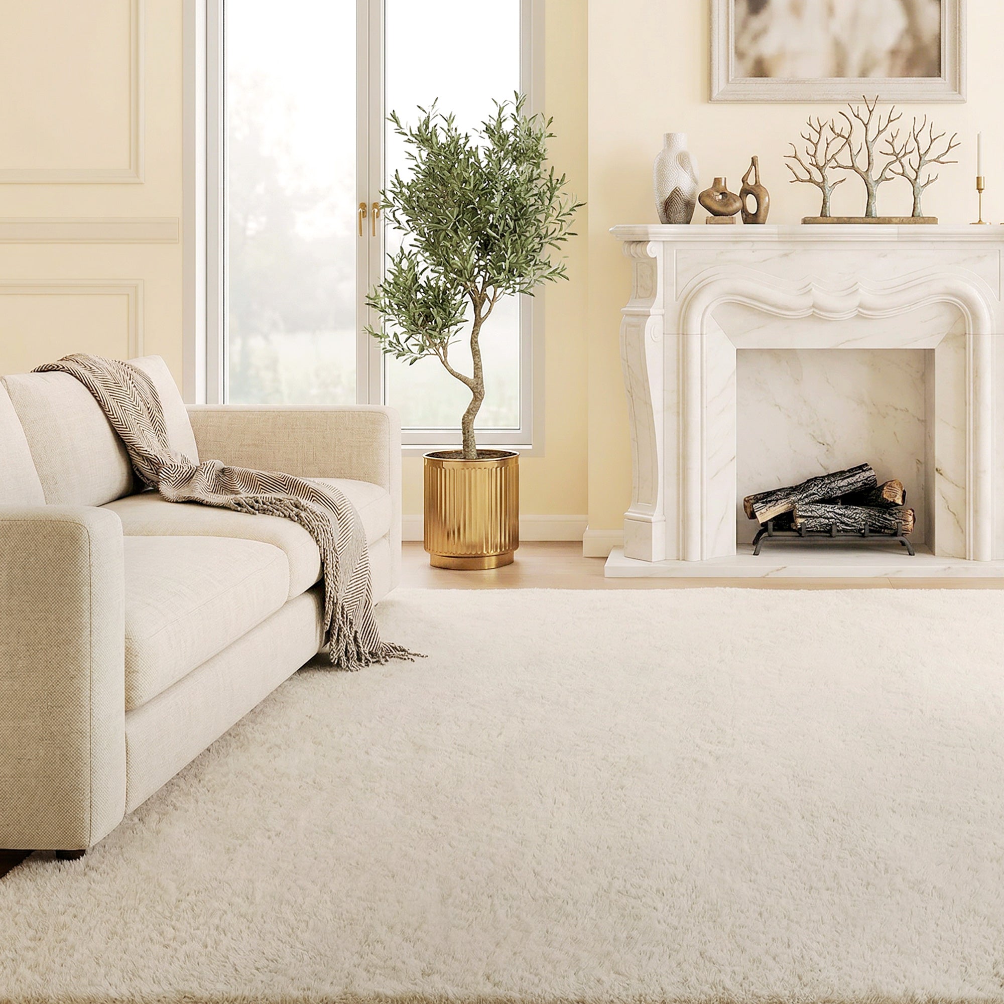 Long-Pile Washable Area Rug, 63 x 90.6 in (160 x 230 cm), Cream