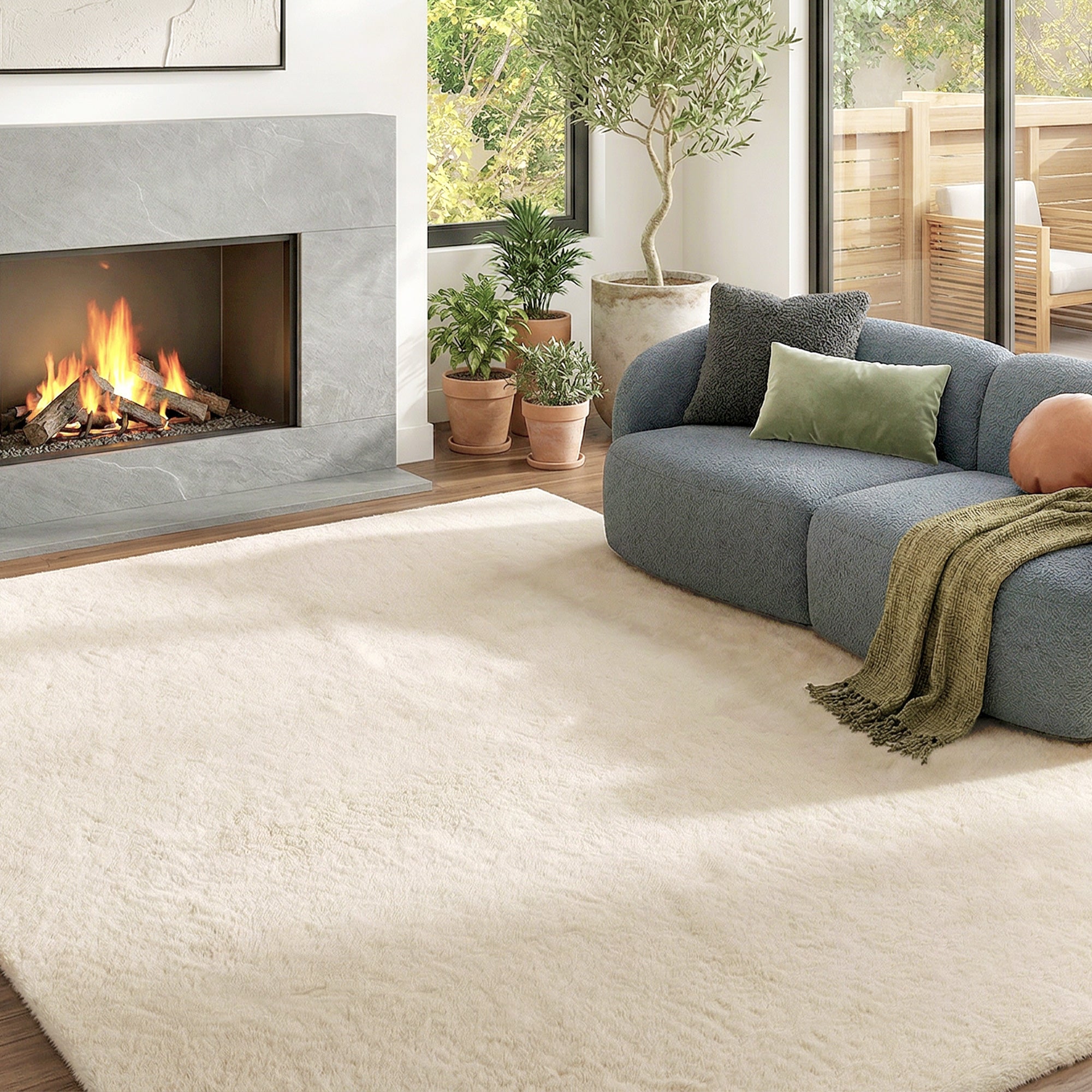 Long-Pile Washable Area Rug, 63 x 90.6 in (160 x 230 cm), Cream