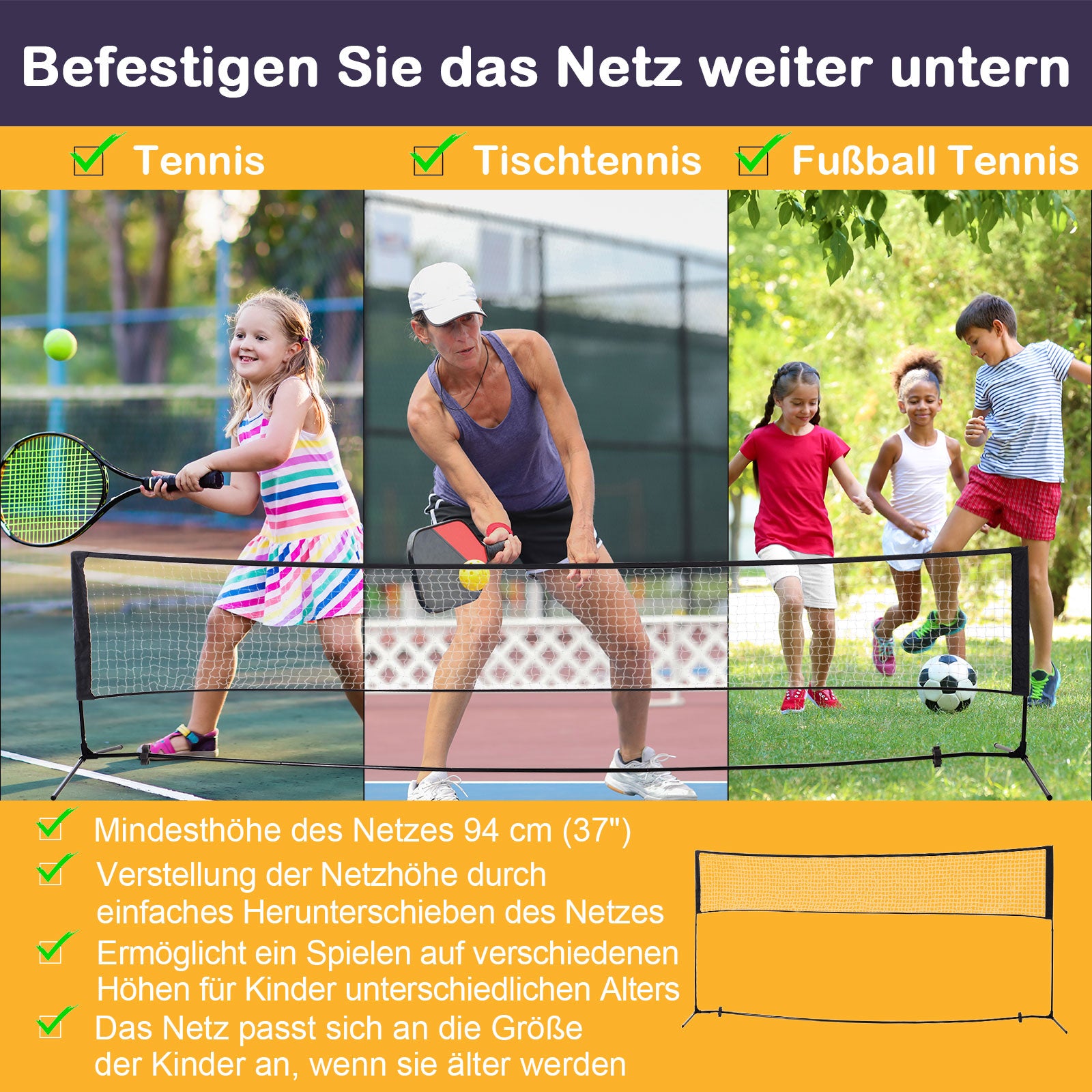 Badminton Net 94/158cm Foldable Volleyball Net with Carrying Bag 2 Height Adjustable Tennis Net Portable Set for Tennis Badminton Net for Garden Park Outdoor