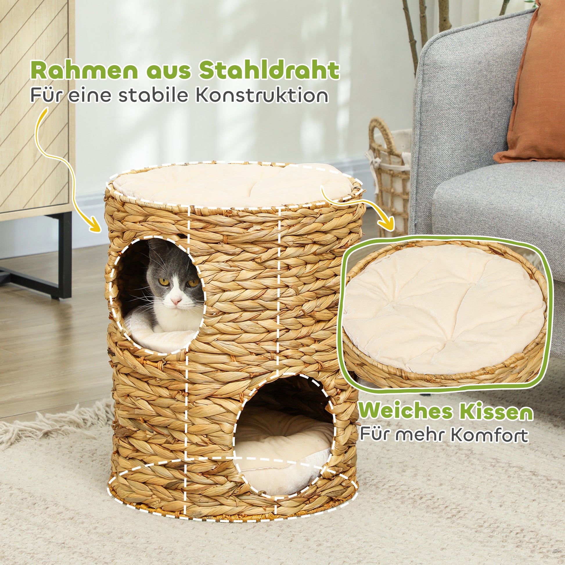 Scratching Post, 50 cm High Cat Tower with 2 Caves, Scratching Post with Cushion, Cat Tower Made of Water Hyacinth, for Cat up to 3.5 kg, Light Brown