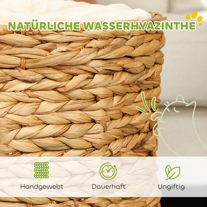 Scratching Post, 50 cm High Cat Tower with 2 Caves, Scratching Post with Cushion, Cat Tower Made of Water Hyacinth, for Cat up to 3.5 kg, Light Brown