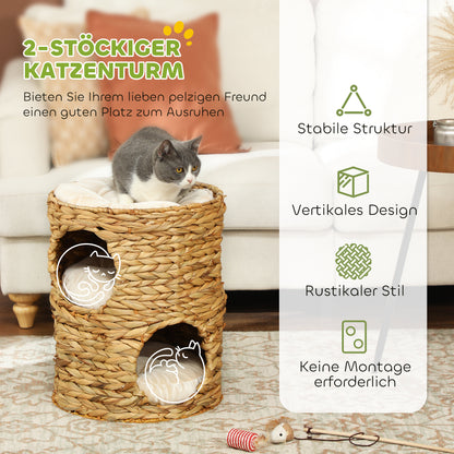 Scratching Post, 50 cm High Cat Tower with 2 Caves, Scratching Post with Cushion, Cat Tower Made of Water Hyacinth, for Cat up to 3.5 kg, Light Brown