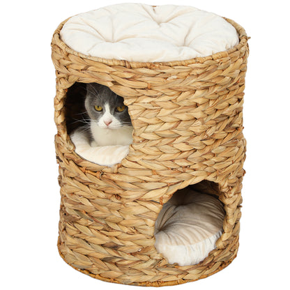 Scratching Post, 50 cm High Cat Tower with 2 Caves, Scratching Post with Cushion, Cat Tower Made of Water Hyacinth, for Cat up to 3.5 kg, Light Brown