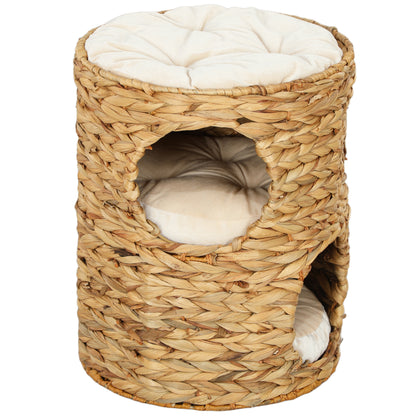 Scratching Post, 50 cm High Cat Tower with 2 Caves, Scratching Post with Cushion, Cat Tower Made of Water Hyacinth, for Cat up to 3.5 kg, Light Brown