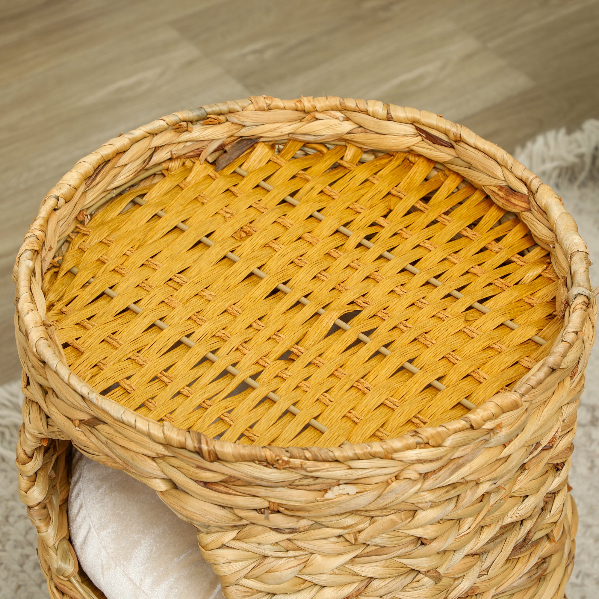Scratching Post, 50 cm High Cat Tower with 2 Caves, Scratching Post with Cushion, Cat Tower Made of Water Hyacinth, for Cat up to 3.5 kg, Light Brown