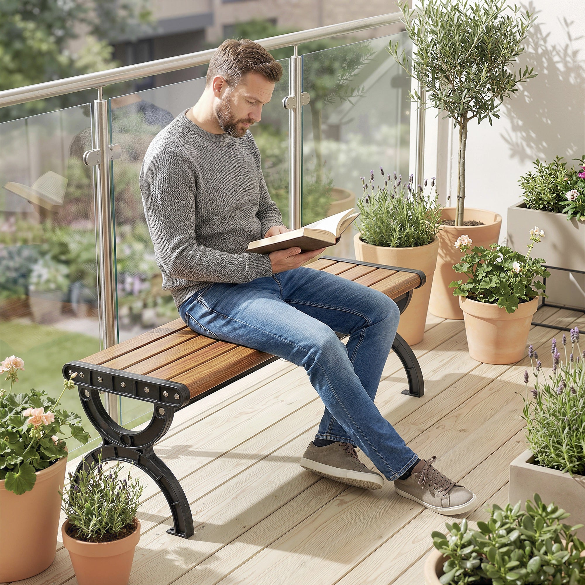 2-Seater Outdoor Garden Bench, Metal Frame with Slatted Seat for Patio & Terrace, 48.8 x 15.4 x 15.4 in, Brown