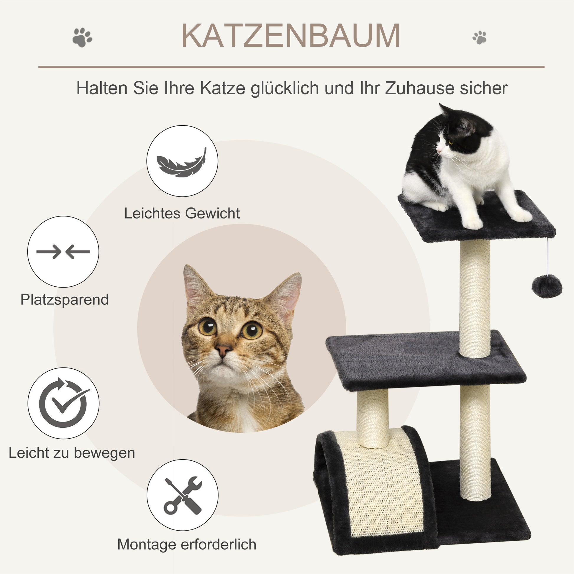 Scratch Tree 72 cm Cat Tower with Plush Balls, Sisal Posts, Platform, Scratching Pad Multi-level Cat Scratching Tree, Climbing Tree, for medium-sized cats, Gray