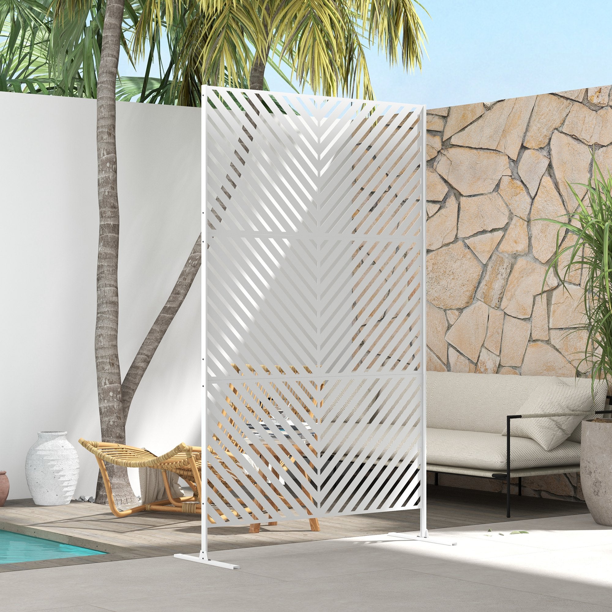 Outdoor Room Divider with 3 Pieces Inverted Triangle Pattern Steel Frame Privacy Screen for Patio Terrace Garden 122x45x198 cm White