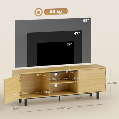 63" TV Stand – Fits up to 65" TVs, 2 Push-to-Open Doors & 2 Open Shelves, Metal Legs, Natural Wood Finish
