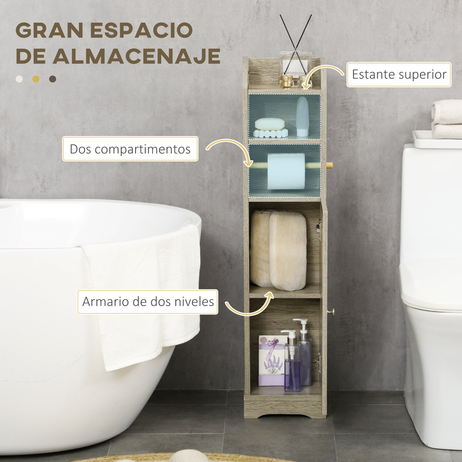 Bathroom Column Auxiliary Cabinet Bathroom Multipurpose Cabinet with Adjustable Shelf and Toilet Paper Holder for Bedroom 23x18x100 cm Gray