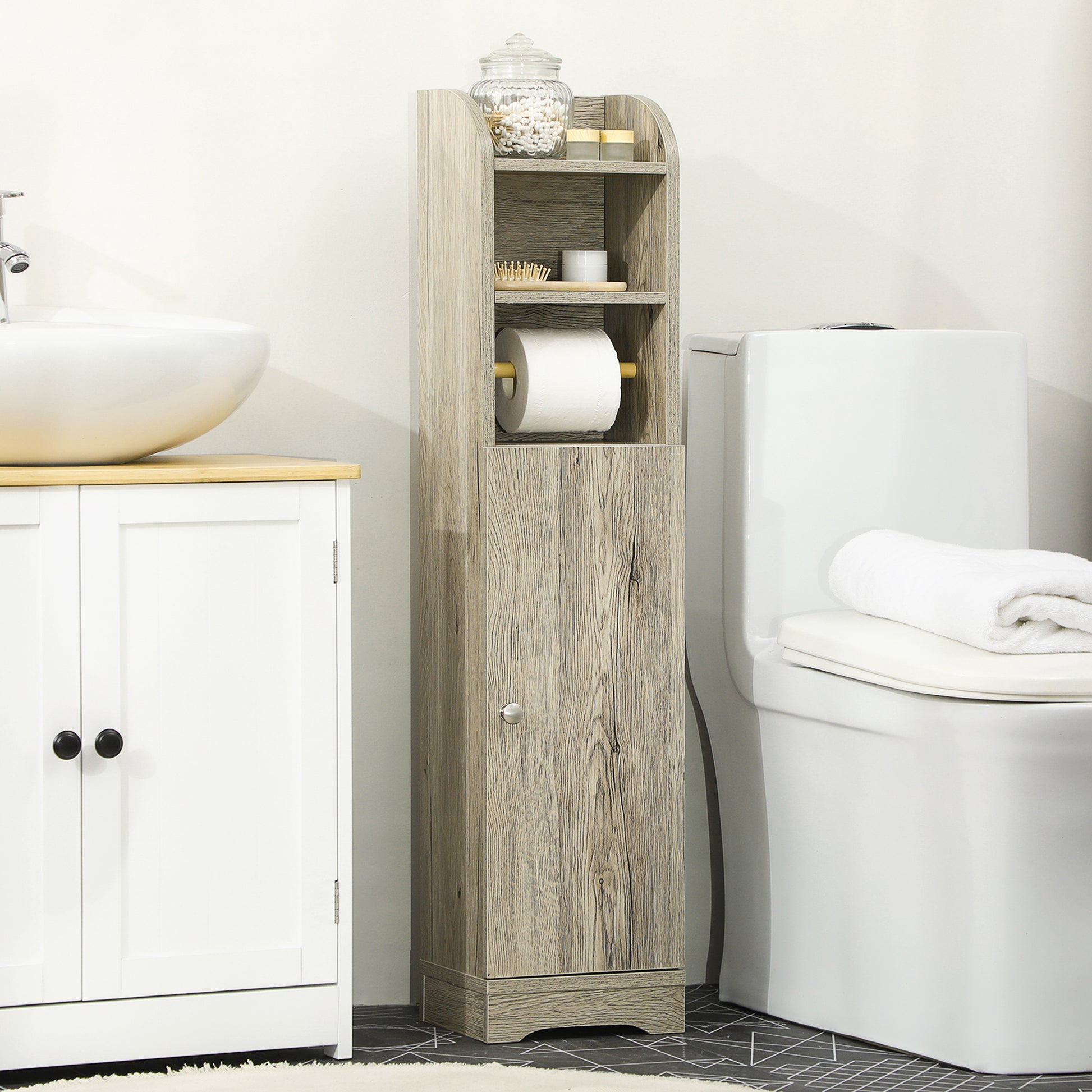 Bathroom Column Auxiliary Cabinet Bathroom Multipurpose Cabinet with Adjustable Shelf and Toilet Paper Holder for Bedroom 23x18x100 cm Gray