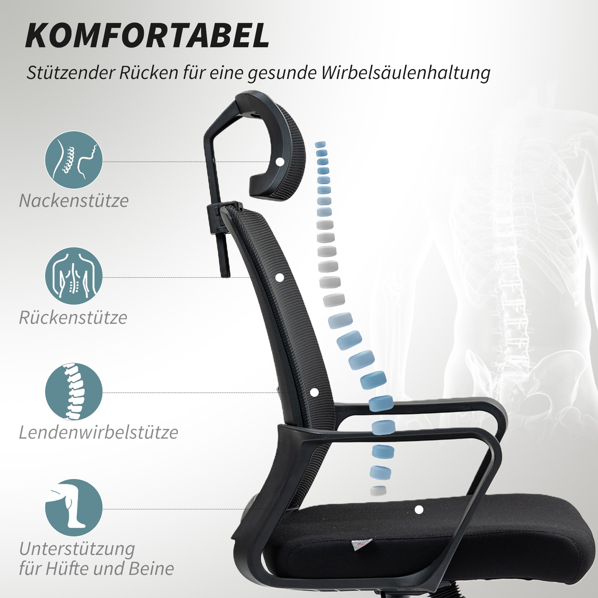 Office Chair Ergonomic Desk Chair with Armrest, Adjustable Headrest, Height Adjustable Mesh Swivel Chair with Tilt Function, Black