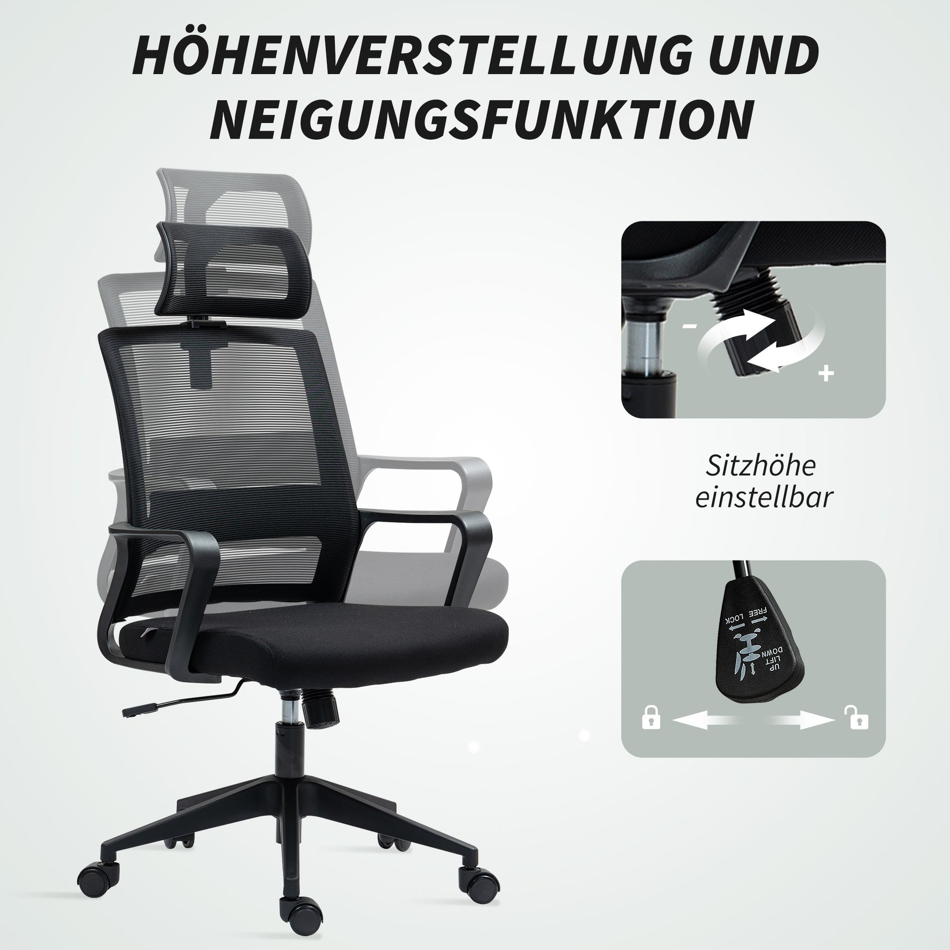 Office Chair Ergonomic Desk Chair with Armrest, Adjustable Headrest, Height Adjustable Mesh Swivel Chair with Tilt Function, Black