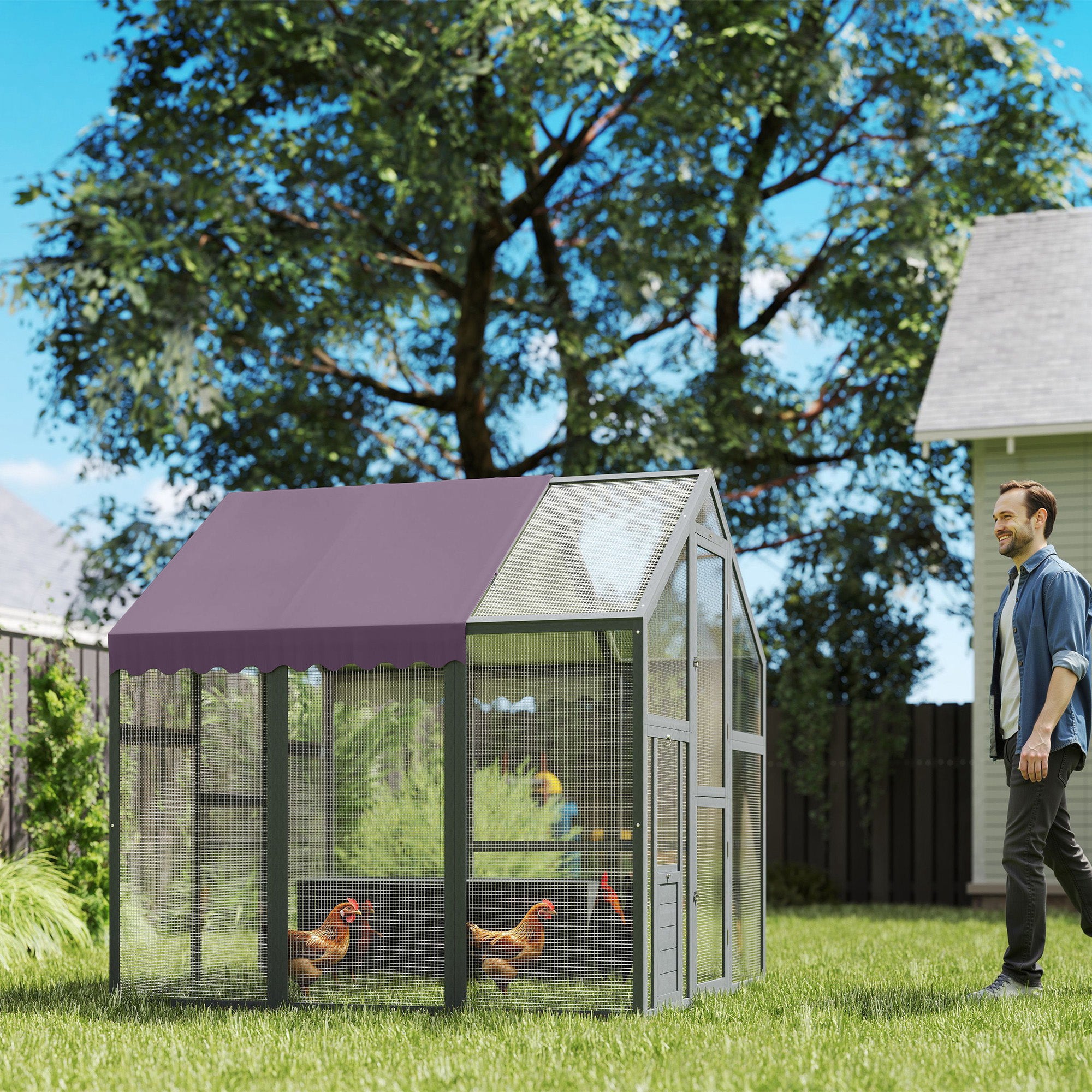 Chicken Coop Run 1.7x1.8x1.8 m Outdoor Enclosure with Lock Tannin Wood Chicken House with Waterproof, Anti-UV Roof Outdoor Poultry Shed for Chicken Coop, 6-8 Chickens, Ducks, Rabbits, Gray