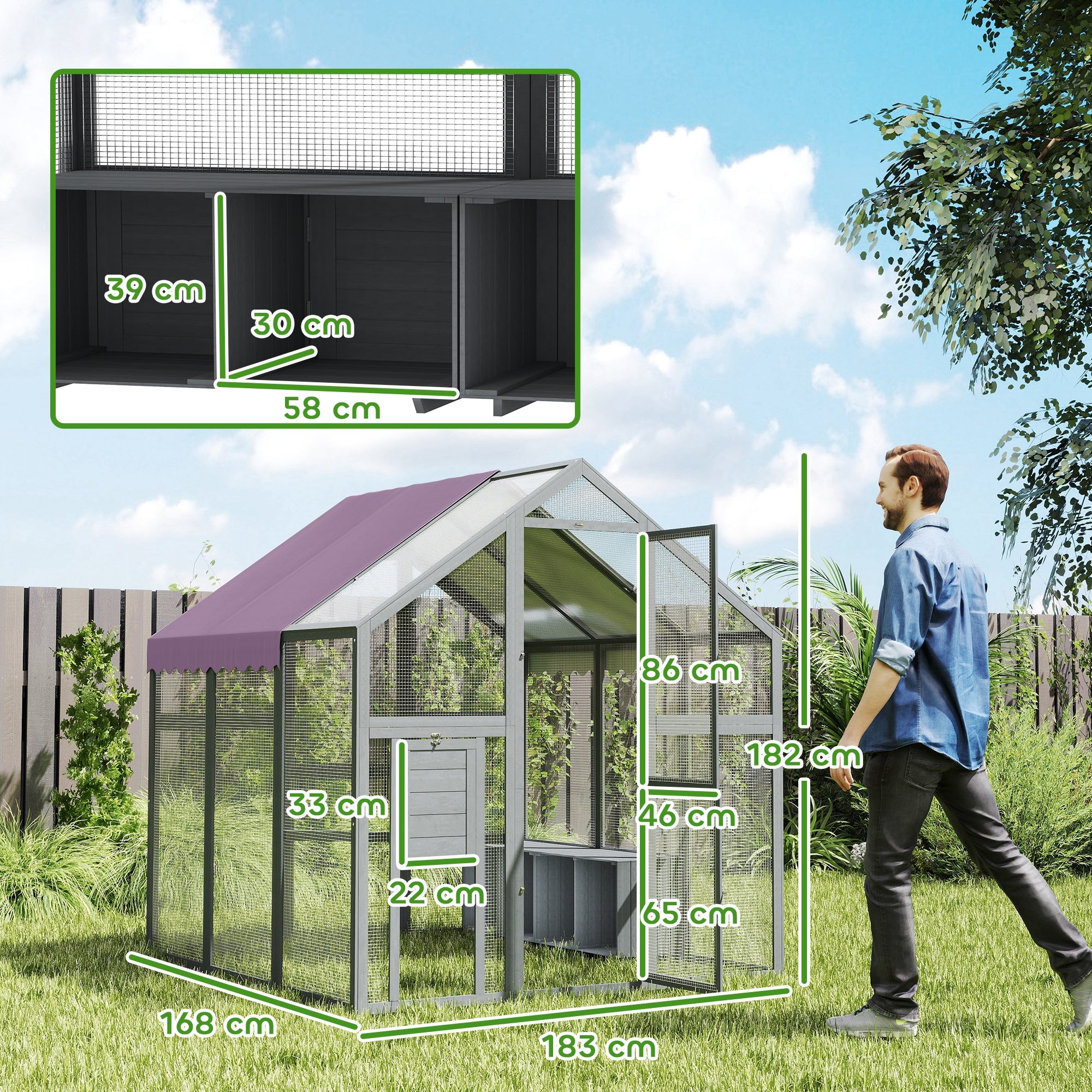 Chicken Coop Run 1.7x1.8x1.8 m Outdoor Enclosure with Lock Tannin Wood Chicken House with Waterproof, Anti-UV Roof Outdoor Poultry Shed for Chicken Coop, 6-8 Chickens, Ducks, Rabbits, Gray