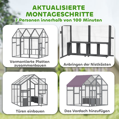 Chicken Coop Run 1.7x1.8x1.8 m Outdoor Enclosure with Lock Tannin Wood Chicken House with Waterproof, Anti-UV Roof Outdoor Poultry Shed for Chicken Coop, 6-8 Chickens, Ducks, Rabbits, Gray