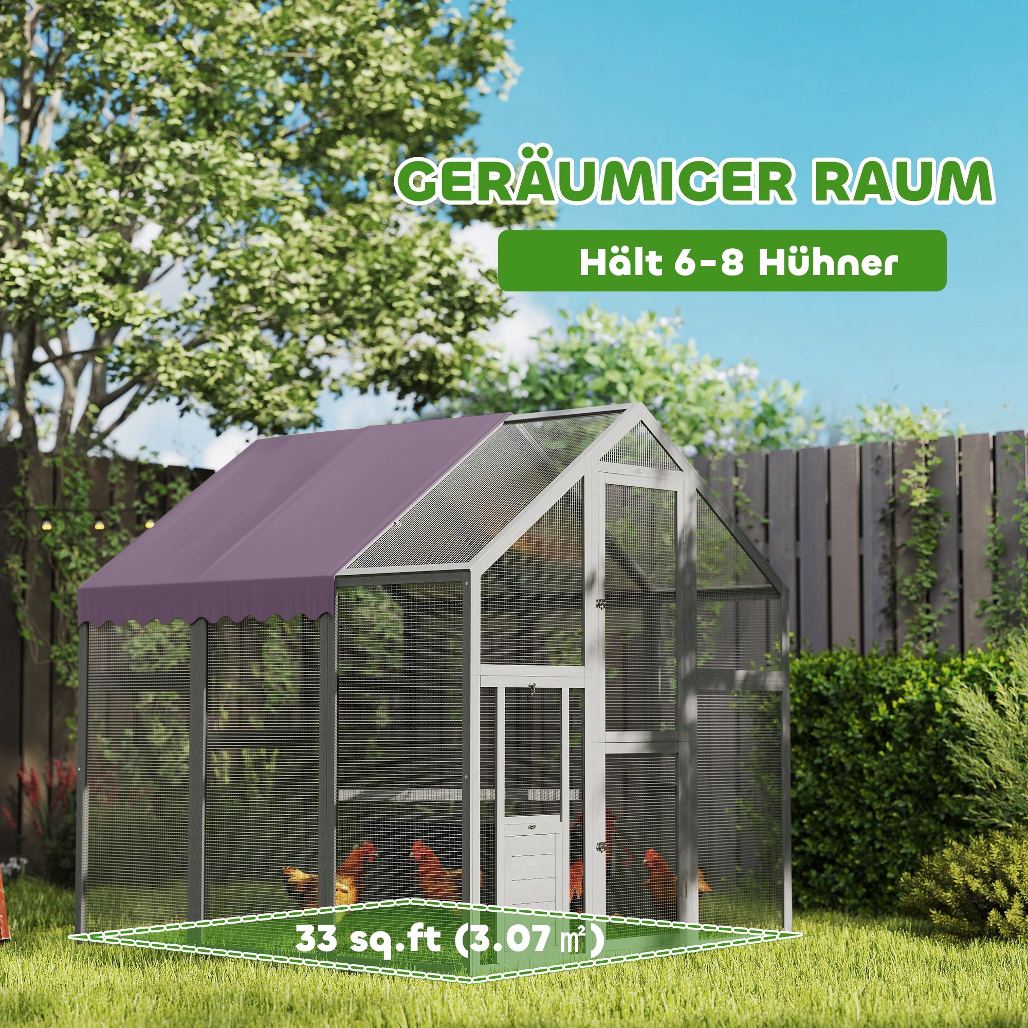 Chicken Coop Run 1.7x1.8x1.8 m Outdoor Enclosure with Lock Tannin Wood Chicken House with Waterproof, Anti-UV Roof Outdoor Poultry Shed for Chicken Coop, 6-8 Chickens, Ducks, Rabbits, Gray