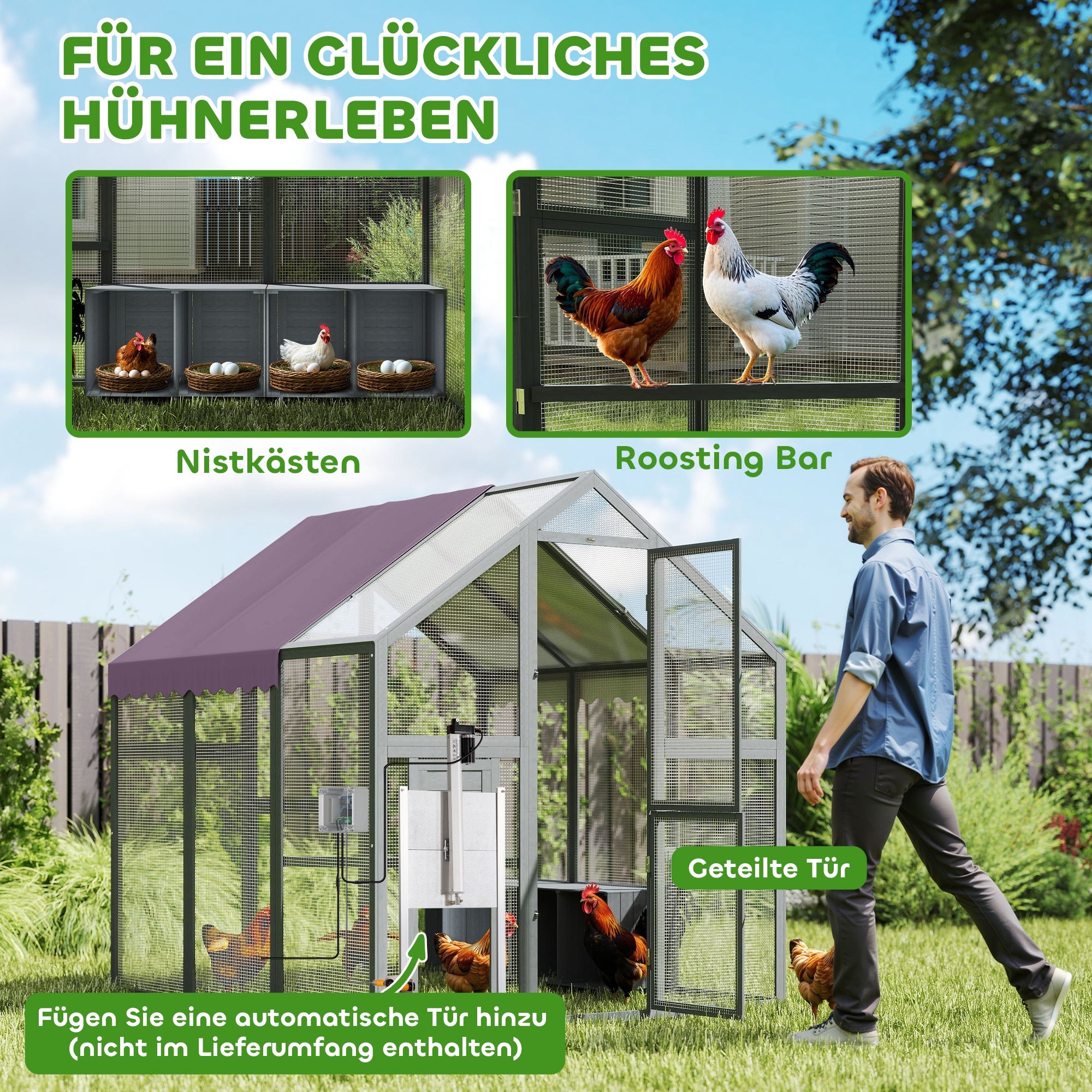 Chicken Coop Run 1.7x1.8x1.8 m Outdoor Enclosure with Lock Tannin Wood Chicken House with Waterproof, Anti-UV Roof Outdoor Poultry Shed for Chicken Coop, 6-8 Chickens, Ducks, Rabbits, Gray