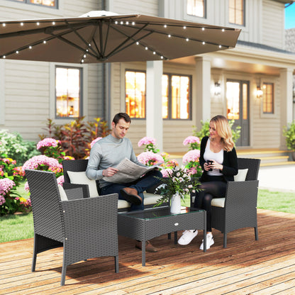 Synthetic Rattan Garden Furniture Set 4-Piece Outdoor Furniture Set with 2 Chairs 1 Double Sofa 1 Coffee Table with Glass Top and Cushions Black and Cream