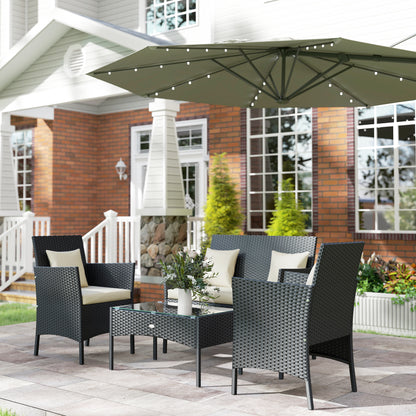 Synthetic Rattan Garden Furniture Set 4-Piece Outdoor Furniture Set with 2 Chairs 1 Double Sofa 1 Coffee Table with Glass Top and Cushions Black and Cream