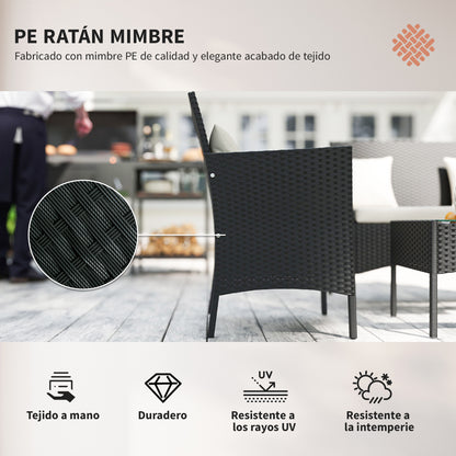 Synthetic Rattan Garden Furniture Set 4-Piece Outdoor Furniture Set with 2 Chairs 1 Double Sofa 1 Coffee Table with Glass Top and Cushions Black and Cream