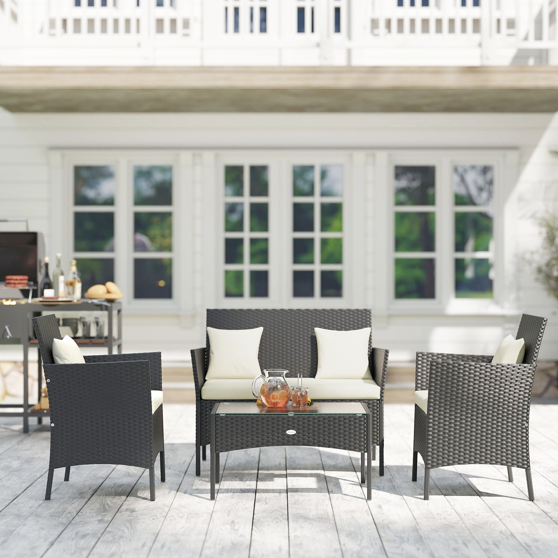 Synthetic Rattan Garden Furniture Set 4-Piece Outdoor Furniture Set with 2 Chairs 1 Double Sofa 1 Coffee Table with Glass Top and Cushions Black and Cream
