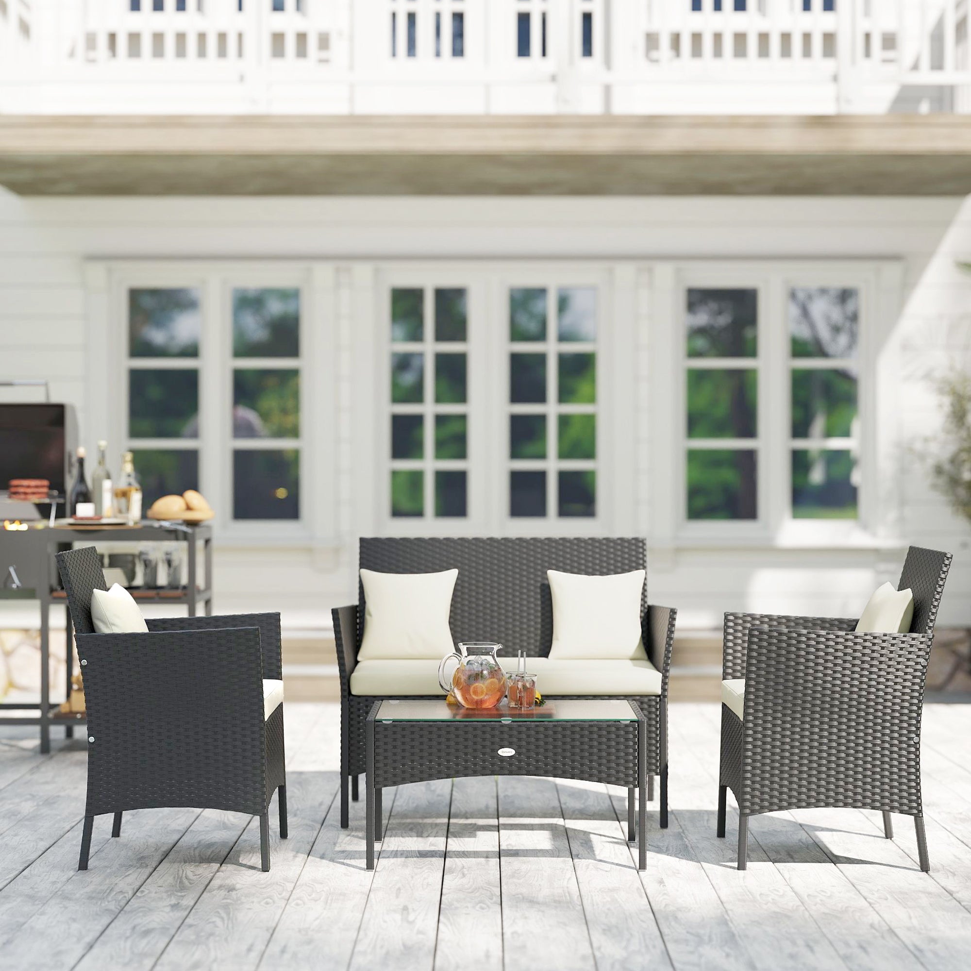 Synthetic Rattan Garden Furniture Set 4-Piece Outdoor Furniture Set with 2 Chairs 1 Double Sofa 1 Coffee Table with Glass Top and Cushions Black and Cream