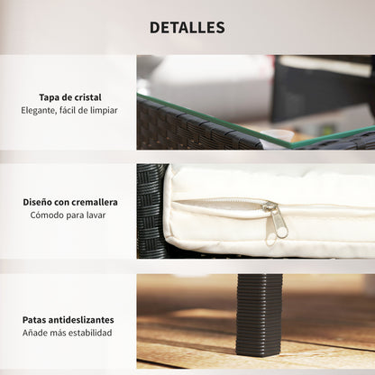 Synthetic Rattan Garden Furniture Set 4-Piece Outdoor Furniture Set with 2 Chairs 1 Double Sofa 1 Coffee Table with Glass Top and Cushions Black and Cream