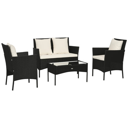 Synthetic Rattan Garden Furniture Set 4-Piece Outdoor Furniture Set with 2 Chairs 1 Double Sofa 1 Coffee Table with Glass Top and Cushions Black and Cream