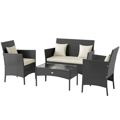 Synthetic Rattan Garden Furniture Set 4-Piece Outdoor Furniture Set with 2 Chairs 1 Double Sofa 1 Coffee Table with Glass Top and Cushions Black and Cream